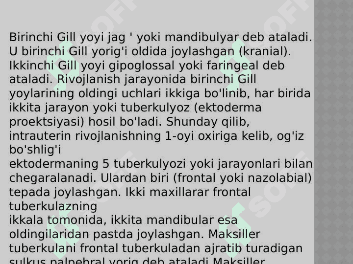 Yuz-jag' sohasi embriogenezi va homila embriogenezi davrida xafli davrlar.Yuzning tug'ma nuqsoni bilan tug'ilgan bolalarni dispanserizatsiya qilish va dispanser kuzatuvida bo'lishi. Yuzning tug'ma nuqsoni bilan tug'ilgan bolalarda mediko-genetik konsultatsiyaning axamiyati. Yuzning tug'ma nuqsoni bilan tug'ilgan bolalarni kompleks davo. 5