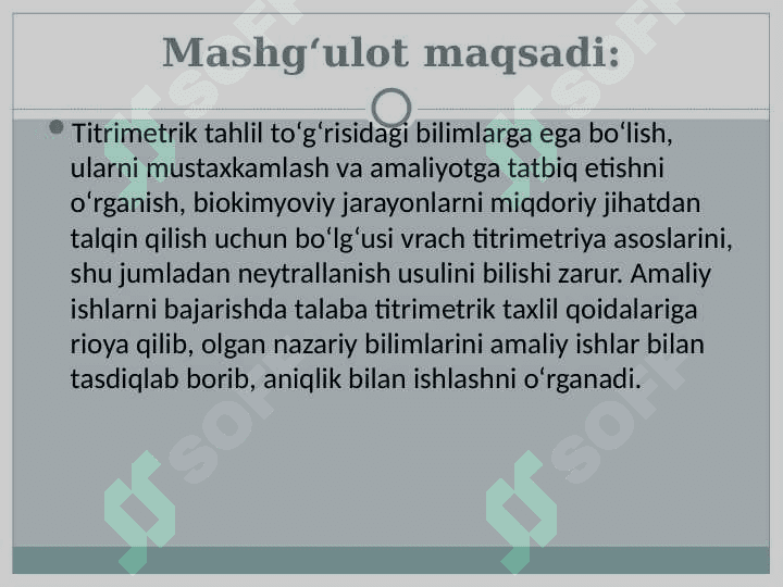 Titrimetrik tahlil. Neytrallash usuli. Oksidimetriya usullari 2