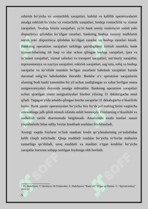 Banklarning xarajatlari va ularning hisobi. 5