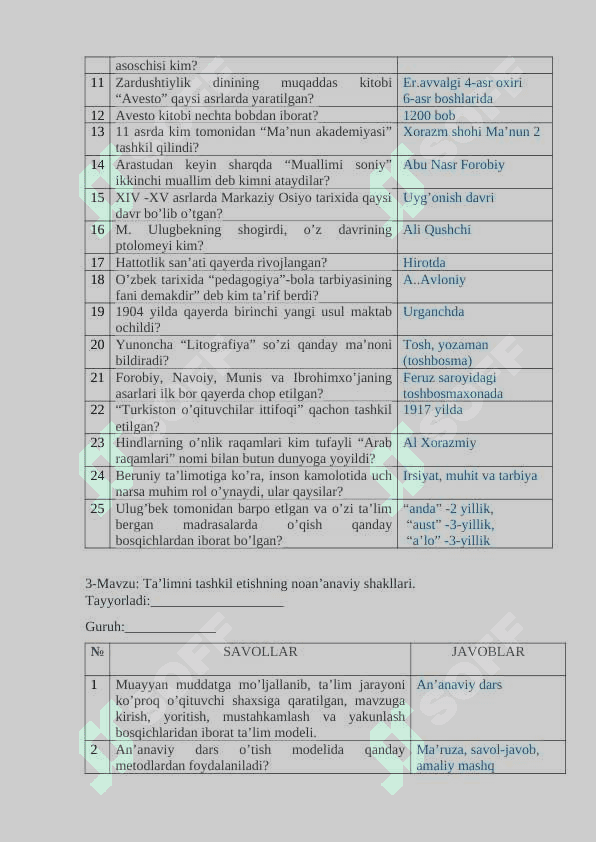 Umumiy pedagogika fanidan 18 ta mavzu bo'yicha 400 ga yaqin savol va javoblar ro'yhati 3