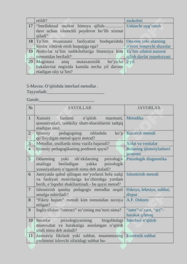 Umumiy pedagogika fanidan 18 ta mavzu bo'yicha 400 ga yaqin savol va javoblar ro'yhati 6