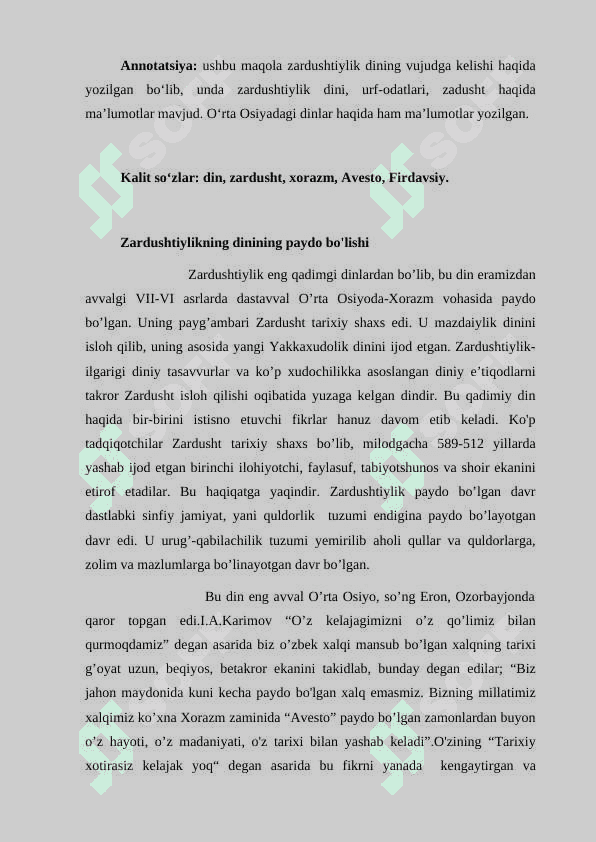 Zardushtiylik dini. Zardushtiylikda tabiatning ulug’lanishi 2
