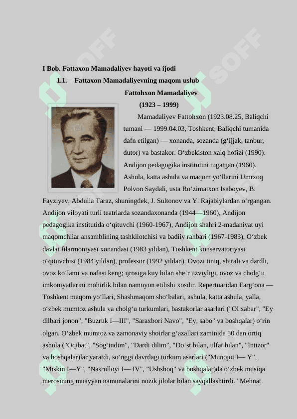 O'zbekiston xalq xofizi Fattaxon Mamadaliyevning maqom va katta ashula ijro qilish uslublari 6