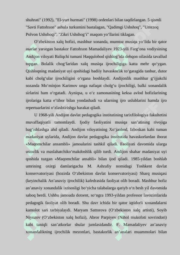 O'zbekiston xalq xofizi Fattaxon Mamadaliyevning maqom va katta ashula ijro qilish uslublari 7