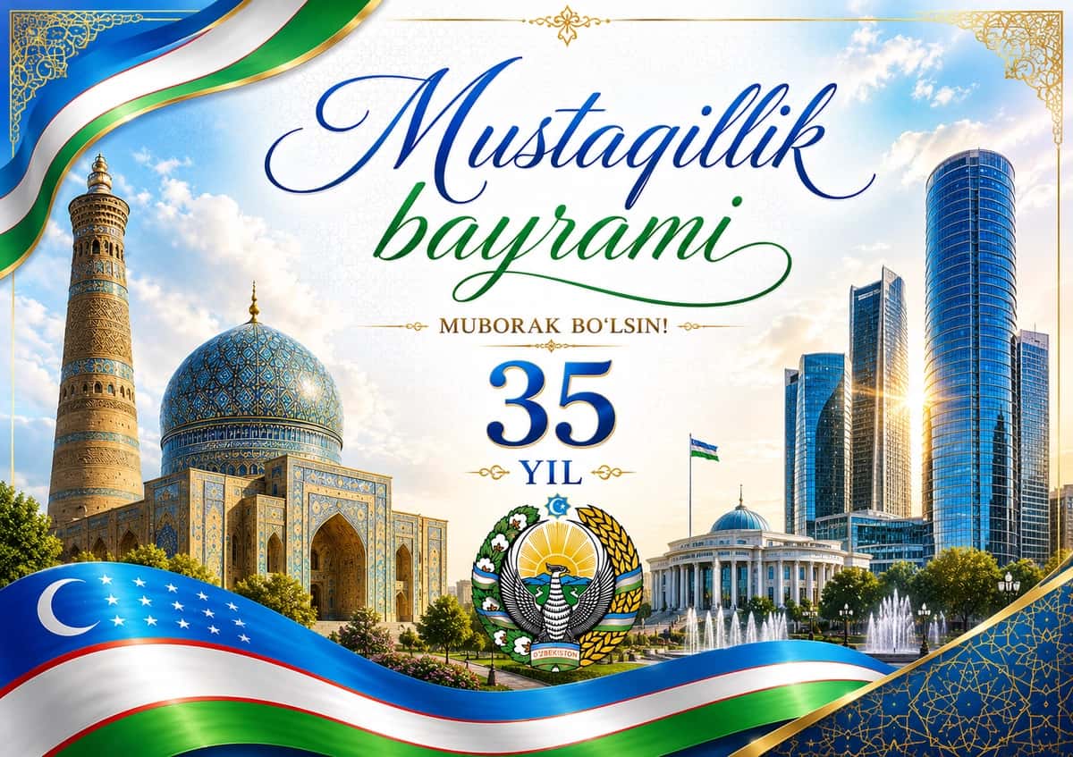 Mustaqilligining 35 yilligi munosabati bilan tayyorlangan bayramona tabriknoma dizayni. 1