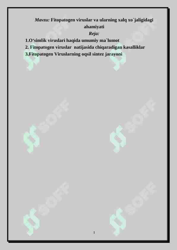 Fitopatogen viruslar va ularning xalq xo`jaligidagi ahamiyati