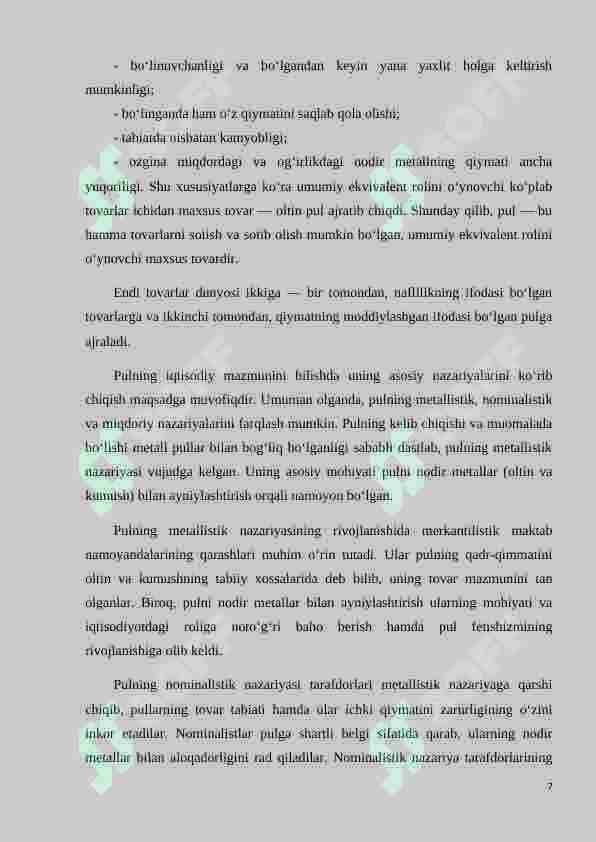 Pulning kelib chiqishi, mazmuni. Hozirgi zamon pulining  tabiati va mazmuni. 8