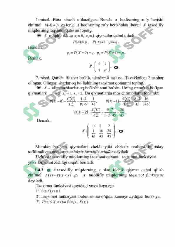 Diskret tasodifiy miqdorlarning taqsimot qonuni va taqsimot funksiyasi. Diskret tasodifiy miqdorning matematik kutilishi va dispersiyasi. 2