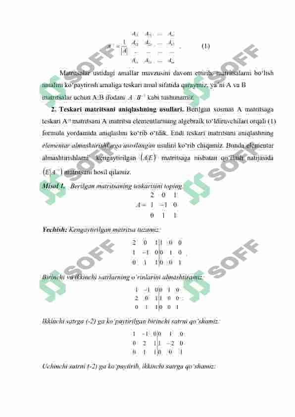 TESKARI MATRITSA. TESKARI MATRITSA MAVJUDLIGINING ZARURIY VA YETARLI SHARTI. TESKARI MATRITSANI HISOBLASH. 2