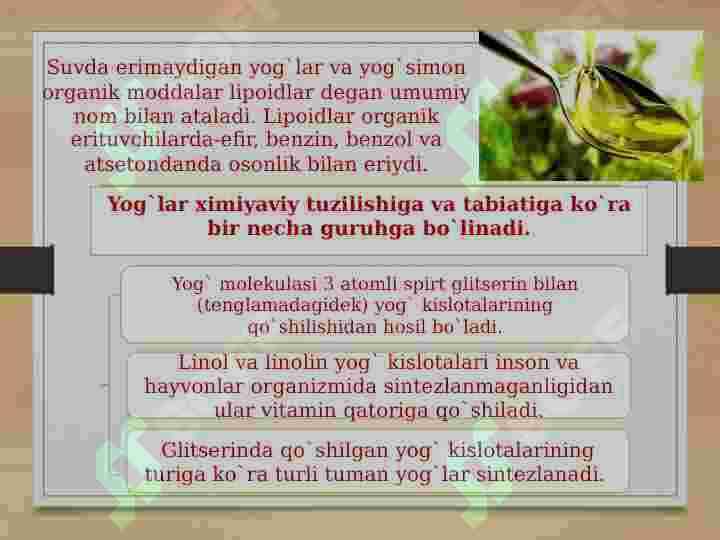 "Yog`lar va yog`simon birikmalar, ya`ni lipoidlar" 3