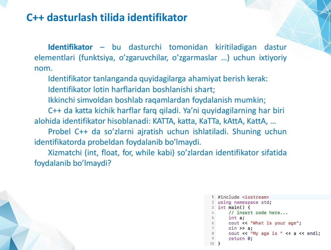 C++ dasturlash tiliga kirish 1