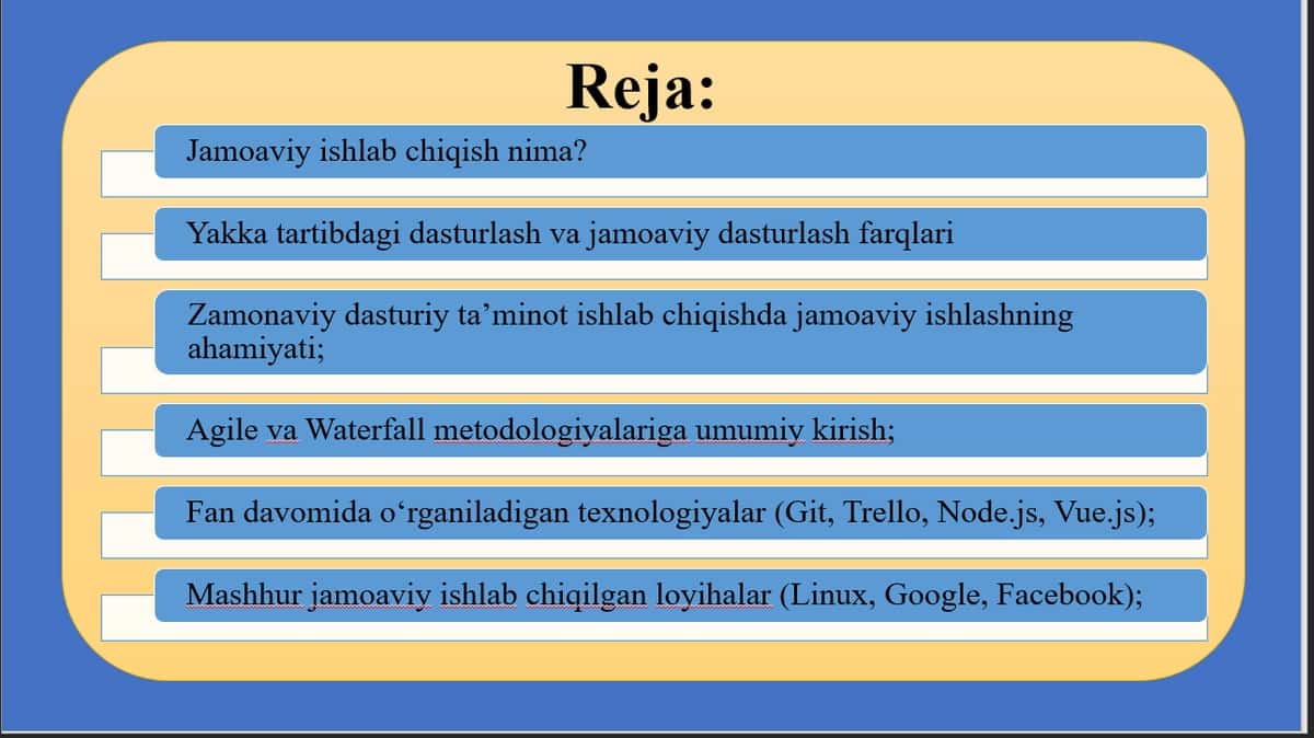 Kursga kirish. Jamoaviy ishlab chiqish faniga kirish: Agile vs Waterfall. Jamoa strukturasi. 2