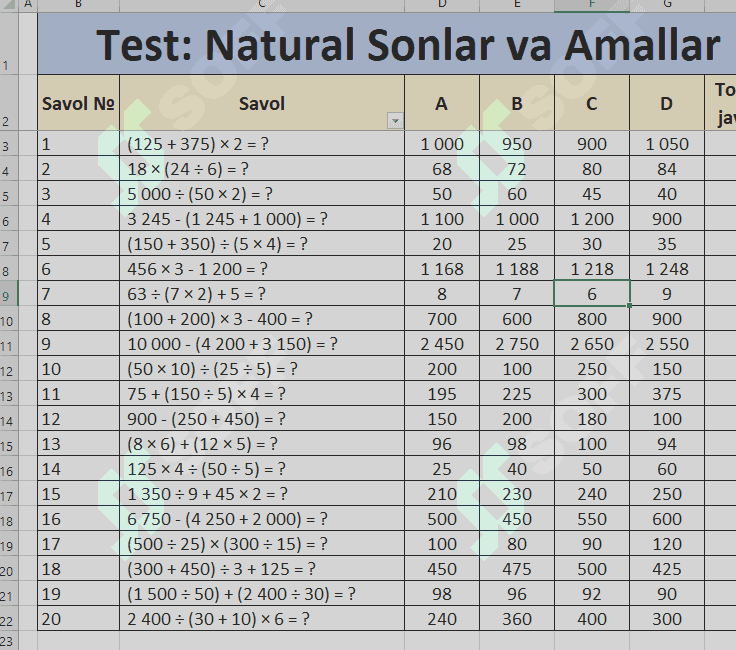 5-sinf matematika fani uchun testlar 1