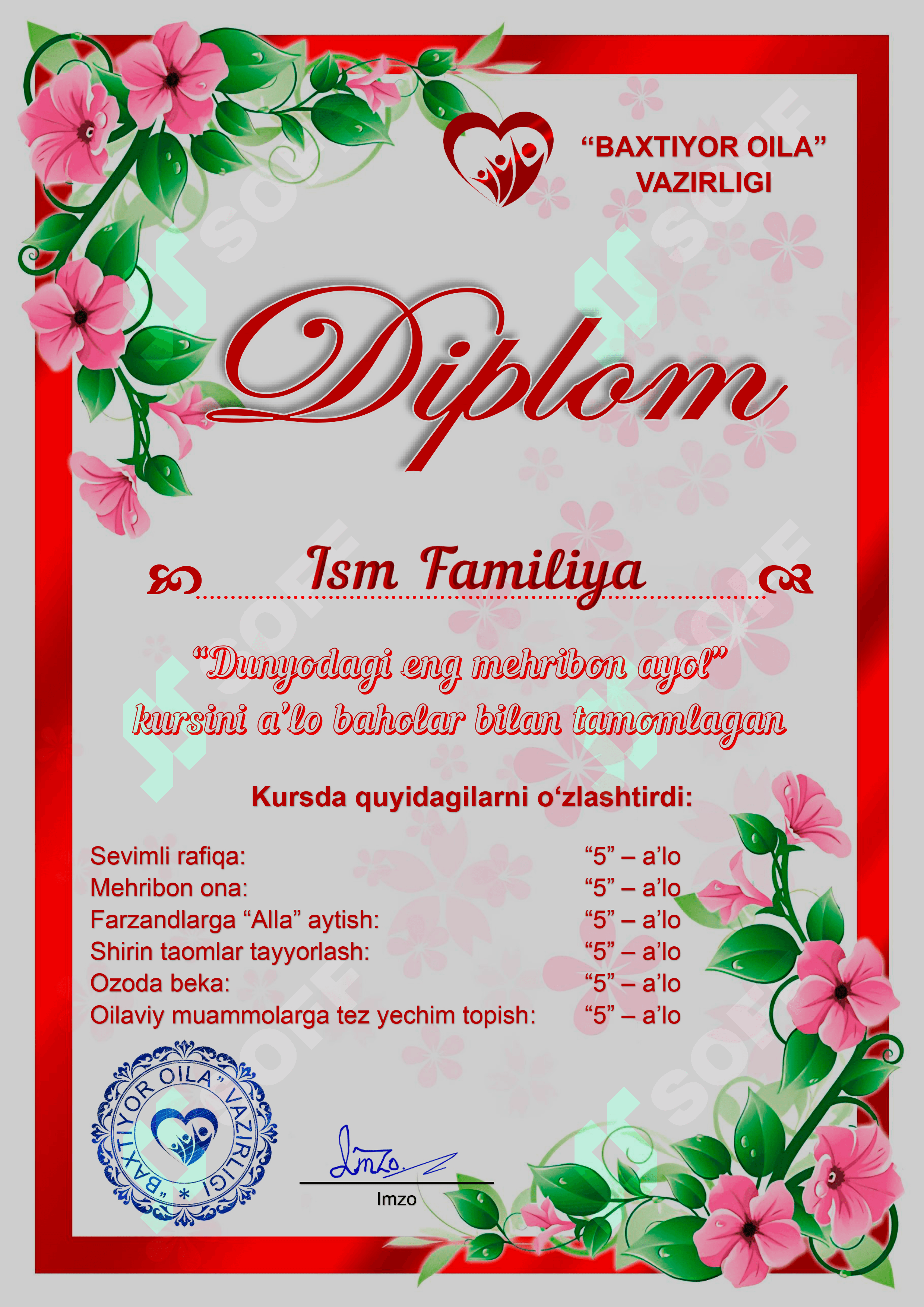 Dunyodagi eng mehribon ayol - Diplom shablon Word 1