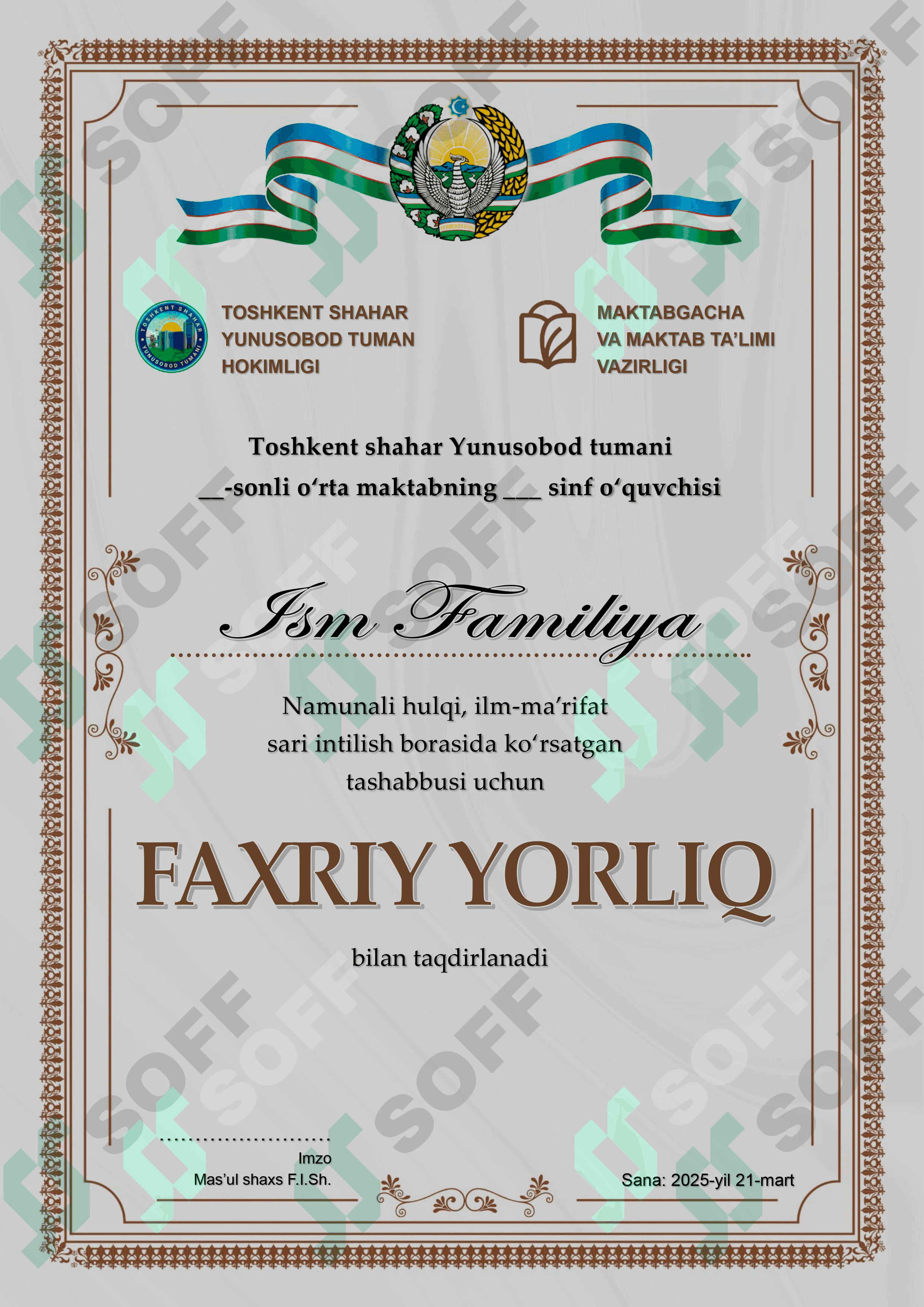 Faxriy yorliq shablon Word 1