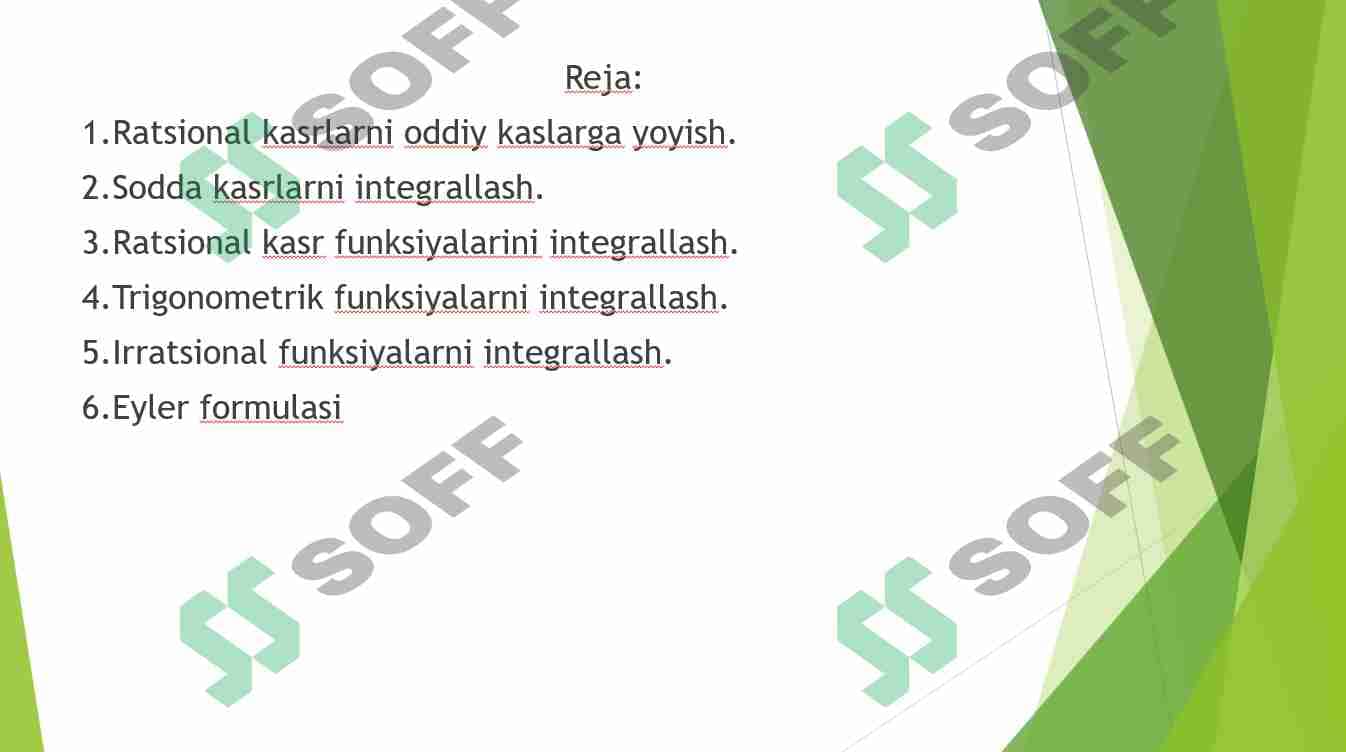 Ratsional kasr trigonometrik ,irratsional  funksiyalarni integrallash 2