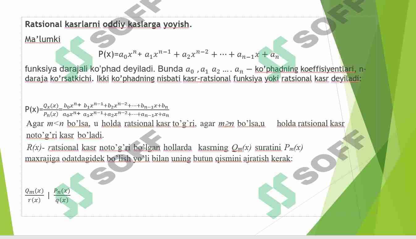 Ratsional kasr trigonometrik ,irratsional  funksiyalarni integrallash 1