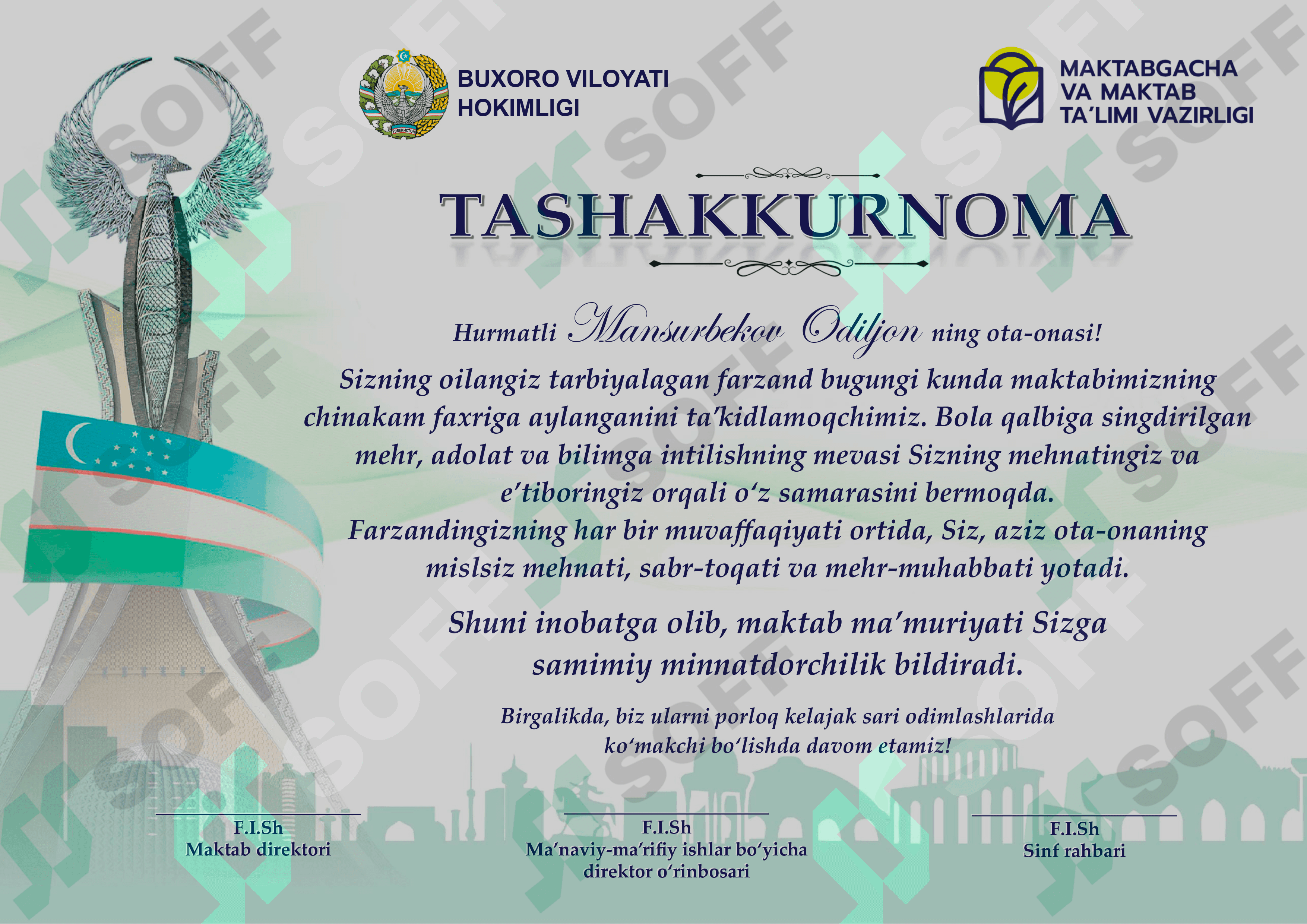 Tashakkurnoma shablon Word 1