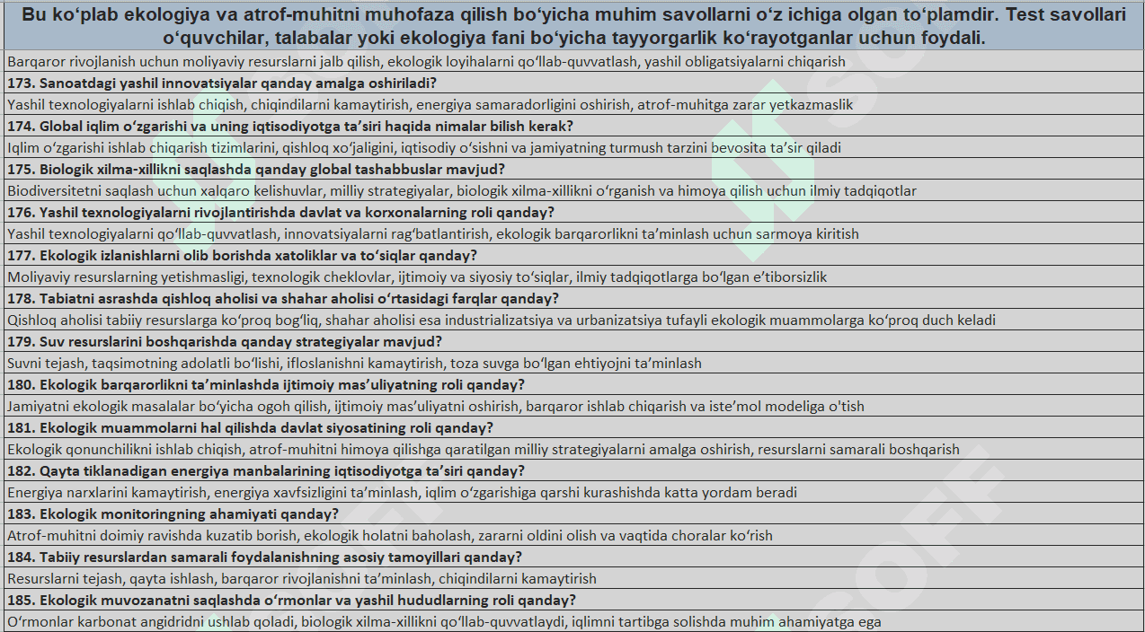 Ekologiy va atrof muhit_200 ta test_savol_javoblar 1