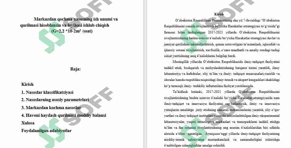 Markazdan qochma nasosning ish unumi va qurilmasi hisoblansin va loyihasi ishlab chiqish (G=2,2 *10-2m3 /soat) 1