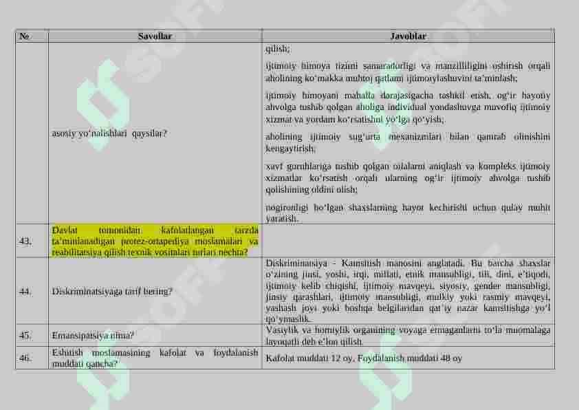 Tuman (shahar)lardagi “Inson” ijtimoiy xizmatlar markazlarida faoliyat yurituvchi xodimlarning bilimini baholash uchun namunaviy savollar, javoblari bilan 7