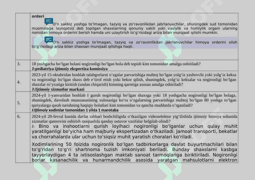“Inson” ijtimoiy xizmatlar markazlarida faoliyat yurituvchi xodimlarning bilimini baholash  uchun namunaviy savollari 2