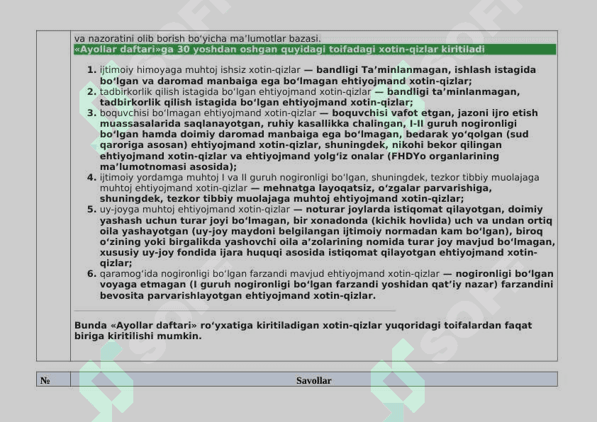 “Inson” ijtimoiy xizmatlar markazlarida faoliyat yurituvchi xodimlarning bilimini baholash  uchun namunaviy savollari 5