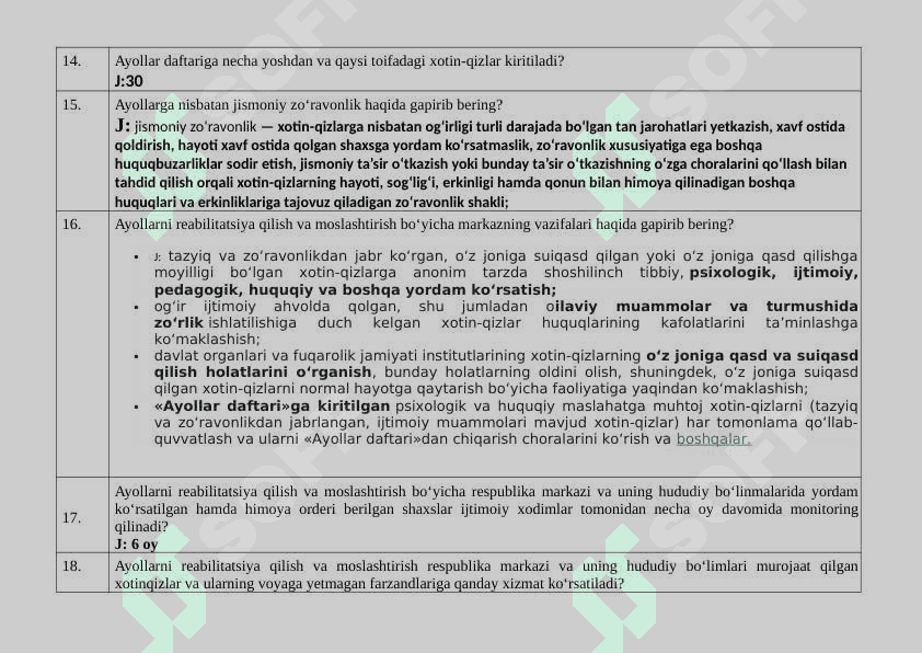 “Inson” ijtimoiy xizmatlar markazlarida faoliyat yurituvchi xodimlarning bilimini baholash  uchun namunaviy savollari 6