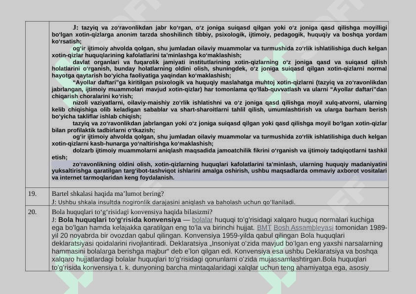 “Inson” ijtimoiy xizmatlar markazlarida faoliyat yurituvchi xodimlarning bilimini baholash  uchun namunaviy savollari 7