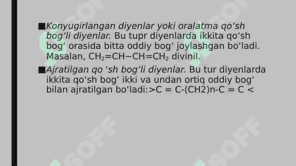 Аlkаdiеnlаr – turkumlаnishi, оlinishi, reaksiyagа kirish qоbiliyati. Tibbiy vа sintеtik kаuchuklаr. 3