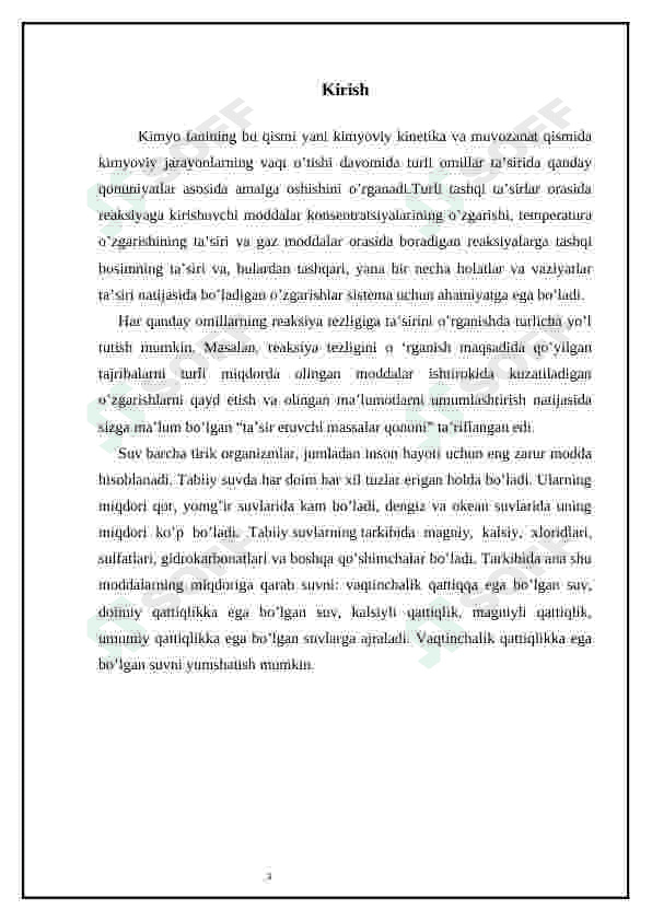 Kimyoviy kinetika va kimyoviy muvozanat. Tabiatda suv. Suvning qattiqligi. 3