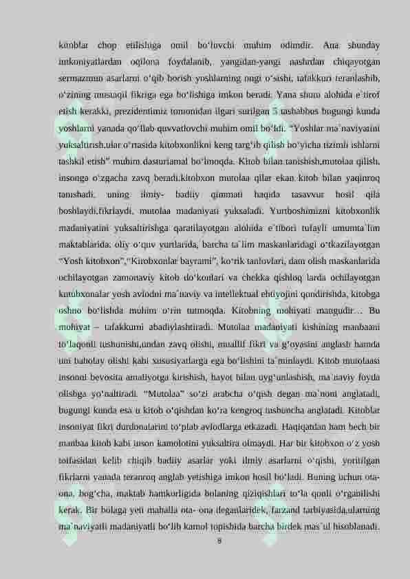 Oʻquvchilarning kitobxonlikka boʻlgan qiziqishlarini takomillashtirish va rivojlantirish usullari 8