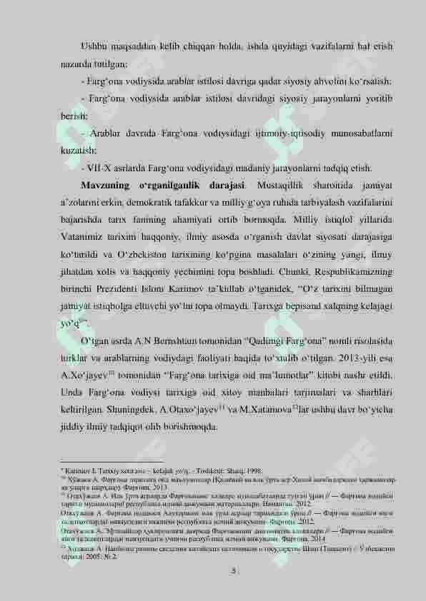 Arablar istilosi davri Farg‘onadagi ijtimoiy-iqtisodiy va madaniy hayot tarixining tadqiq etilishi 5