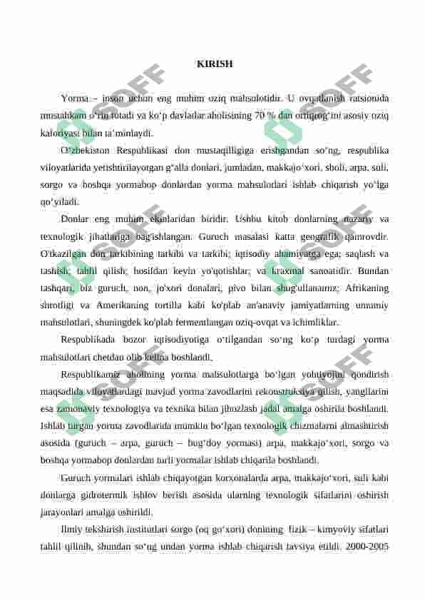 Tegirmonda unumdorligi 120 t/s bo'lgan makkajo'xoridan Makkajo'xori yormasi ishlab chiqarish texnologiyasini loyihalash 2