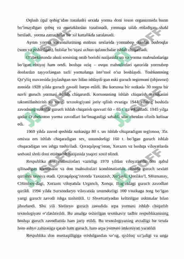 Tegirmonda unumdorligi 120 t/s bo'lgan makkajo'xoridan Makkajo'xori yormasi ishlab chiqarish texnologiyasini loyihalash 4