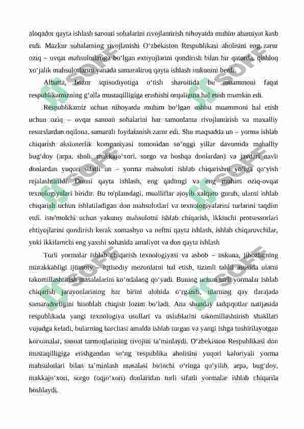 Tegirmonda unumdorligi 120 t/s bo'lgan makkajo'xoridan Makkajo'xori yormasi ishlab chiqarish texnologiyasini loyihalash 5