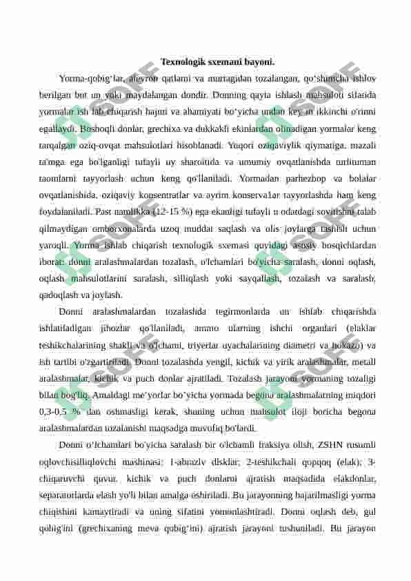 Tegirmonda unumdorligi 120 t/s bo'lgan makkajo'xoridan Makkajo'xori yormasi ishlab chiqarish texnologiyasini loyihalash 8