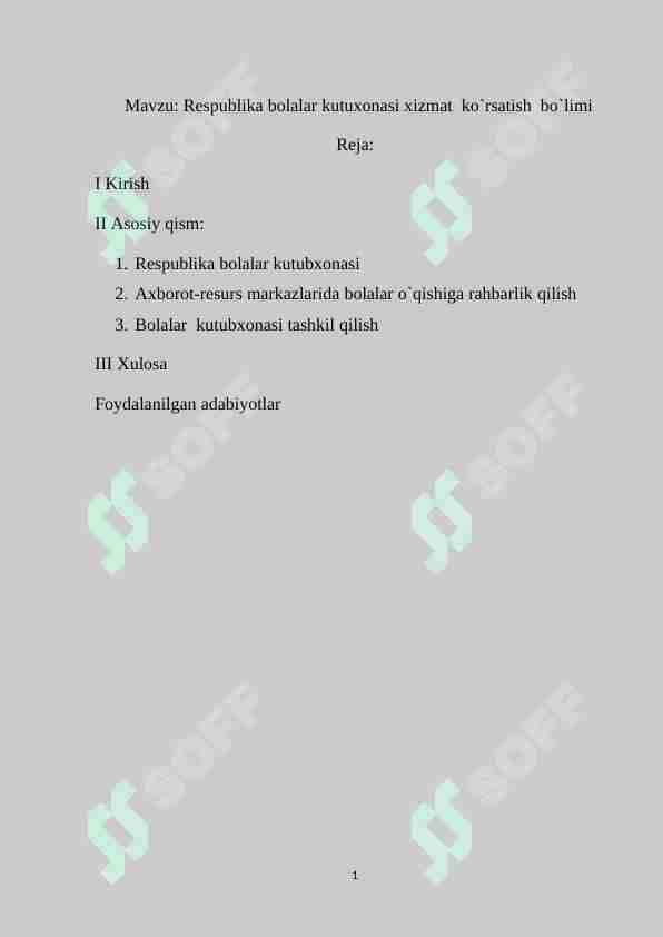 Respublika bolalar kutuxonasi xizmat ko`rsatish bo`limi