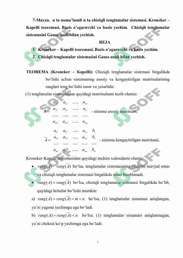 n ta noma’lumli n ta chiziqli tenglamalar sistemasi. Kroneker – Kapelli teoremasi. Bazis o’zgaruvchi va bazis yechim. Chiziqli tenglamalar sistemasini Gauss usuli bilan yechish.