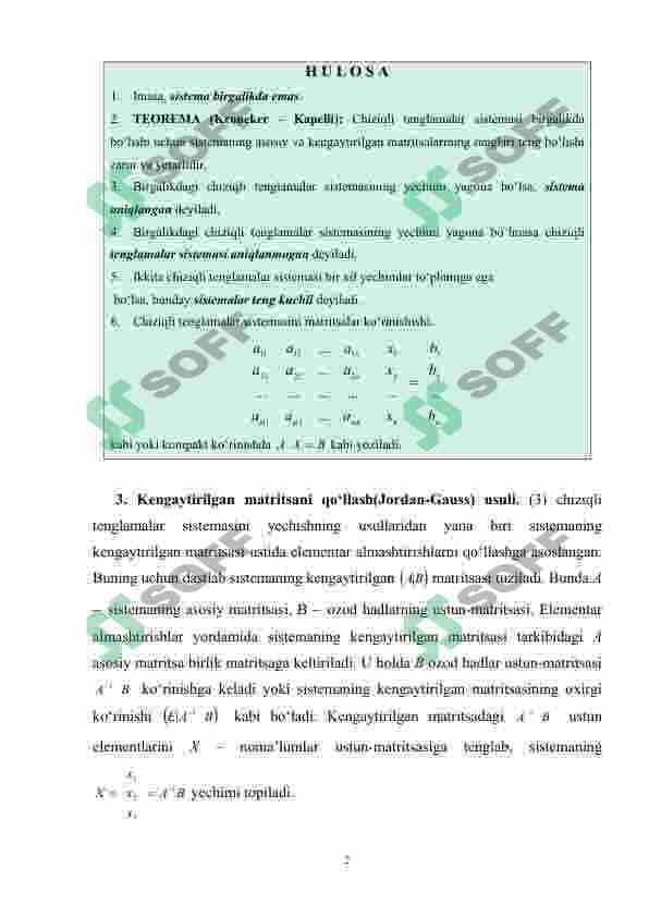 n ta noma’lumli n ta chiziqli tenglamalar sistemasi. Kroneker – Kapelli teoremasi. Bazis o’zgaruvchi va bazis yechim. Chiziqli tenglamalar sistemasini Gauss usuli bilan yechish. 2