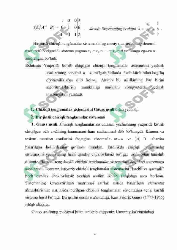 n ta noma’lumli n ta chiziqli tenglamalar sistemasi. Kroneker – Kapelli teoremasi. Bazis o’zgaruvchi va bazis yechim. Chiziqli tenglamalar sistemasini Gauss usuli bilan yechish. 4