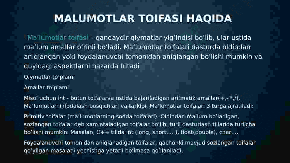 MA’LUMOTLARNI IFODALASH  BOSQICHLARI. MALUMOT TOIFALARI 4
