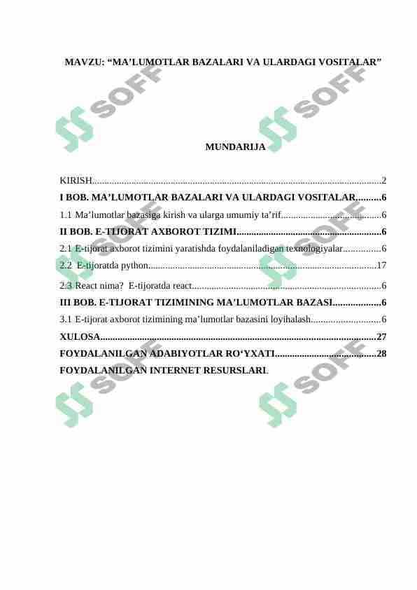Elektron tijorat ma'lumotlar bazasini loyihalash 1