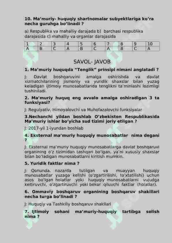 Mamuriy huquq fanidan 10 test, 10 savol javob 2
