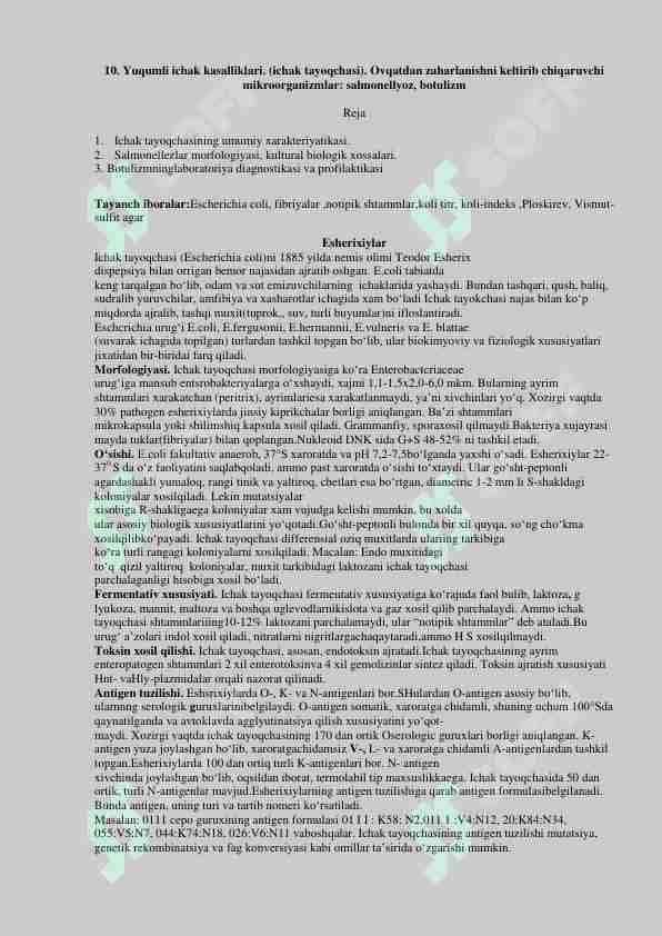 Yuqumli ichak kasalliklari-ichak tayoqchalari. Ovqatdan zaharlanishni keltirib chiqaruvchi mikroorganizmlar: salmonelyoz, botulizm