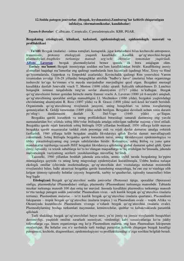 Sodda patogen jonivorlar. Bezgak, leshmanyoz. Zamburuglar keltirib chiqaruvchi kasalliklar. Dermatomikozlar, Kandidozlar