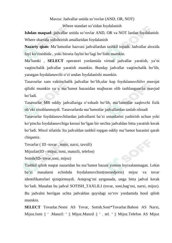 Jadvallar ustida so'rovlar . Where standart so'zidan foydalanish 1