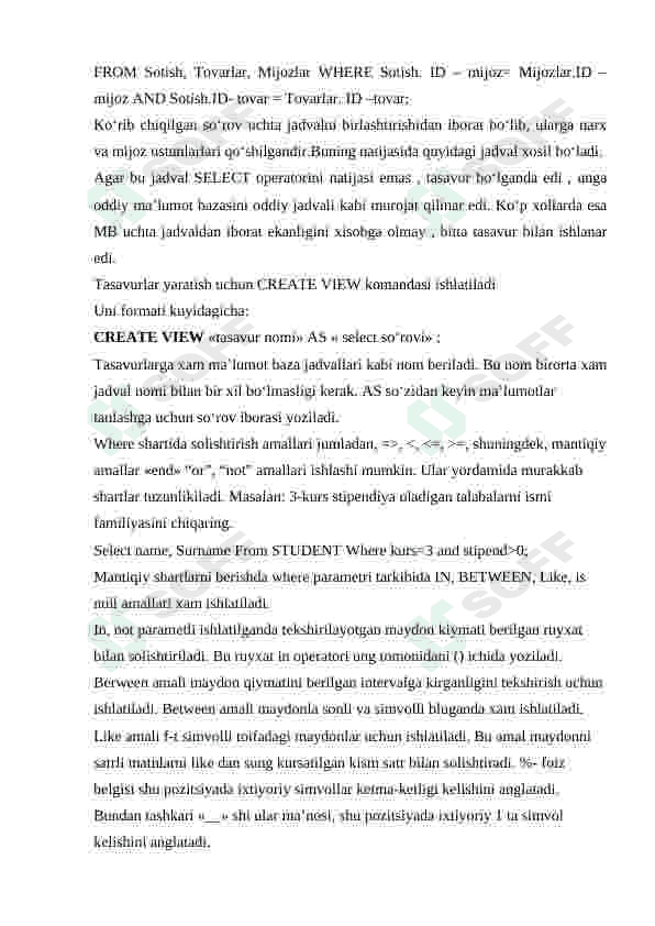 Jadvallar ustida so’rovlar (AND, OR, NOT) Where standart so’zidan foydalanish 2