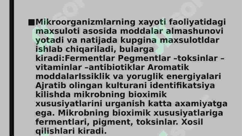 Mikrobiologiya Bakteriyalarda fermentativ jarayonlar. Tashqi muhitni biologik va tehnologik chiqindilar bilan ifloslanishi. 3