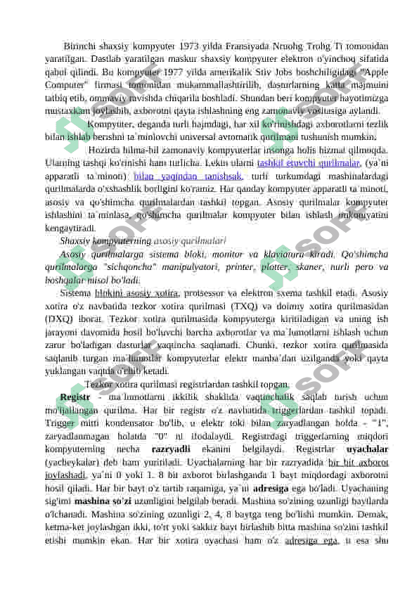 Shaxsiy kompyuter. Kompyuter komponentlari. Magistral modulli printsip. 2